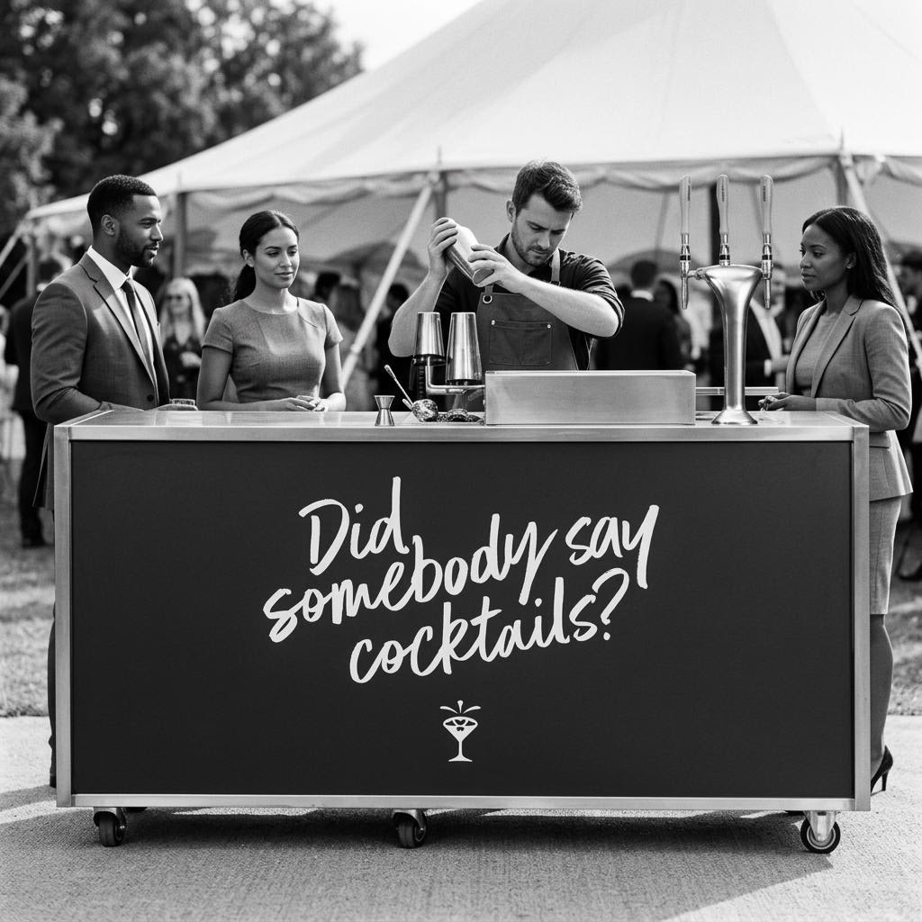 Bartender in een donker schort shaket een cocktail achter het Springbay Cocktail Station op een bedrijfsfeest, met wachtende gasten