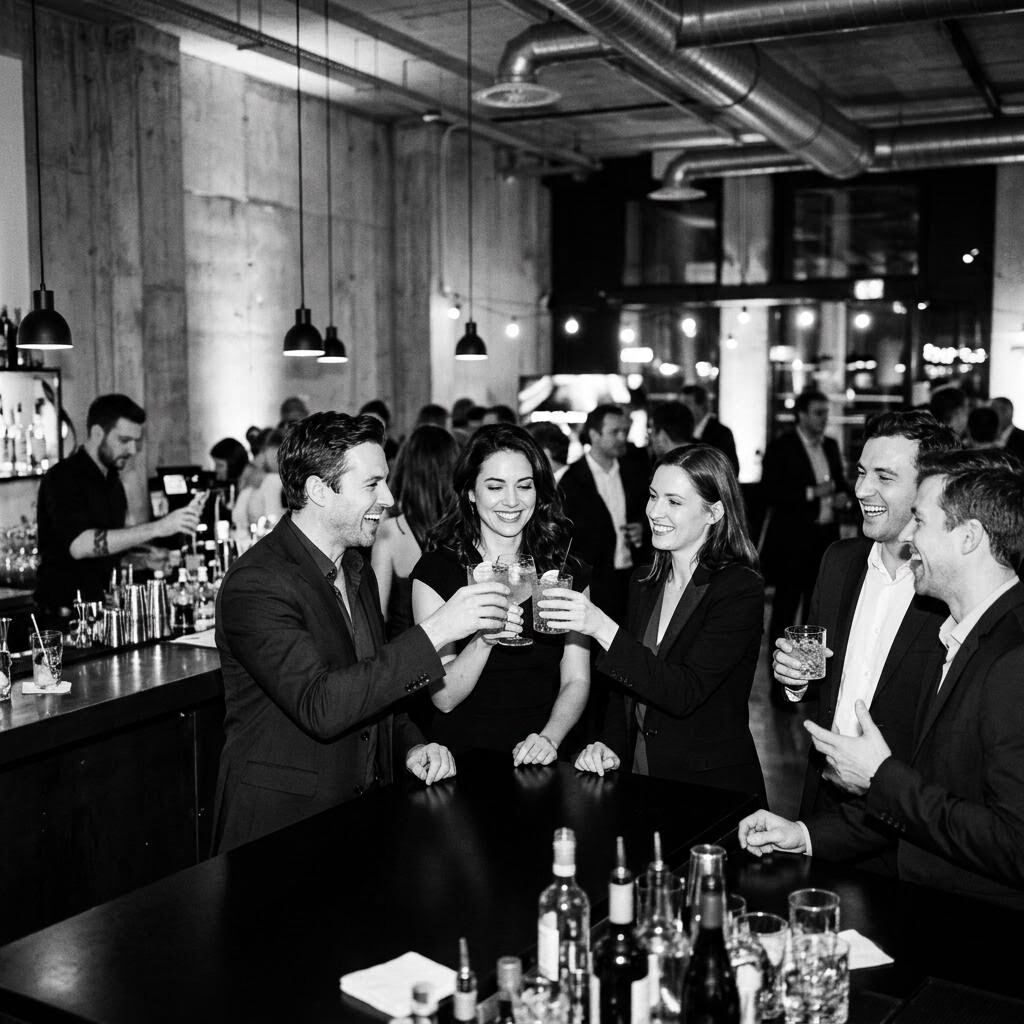 Het team toost met cocktails aan de bar tijdens een bedrijfsfeest