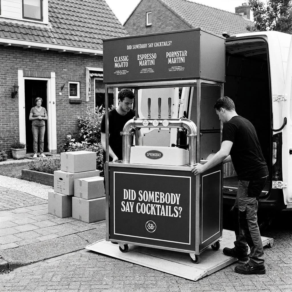Twee bezorgers rollen de Mobiele Cocktail-3tap van Springbay uit een witte bestelbus op een oprit, met dozen Bag-in-Box cocktails ernaast