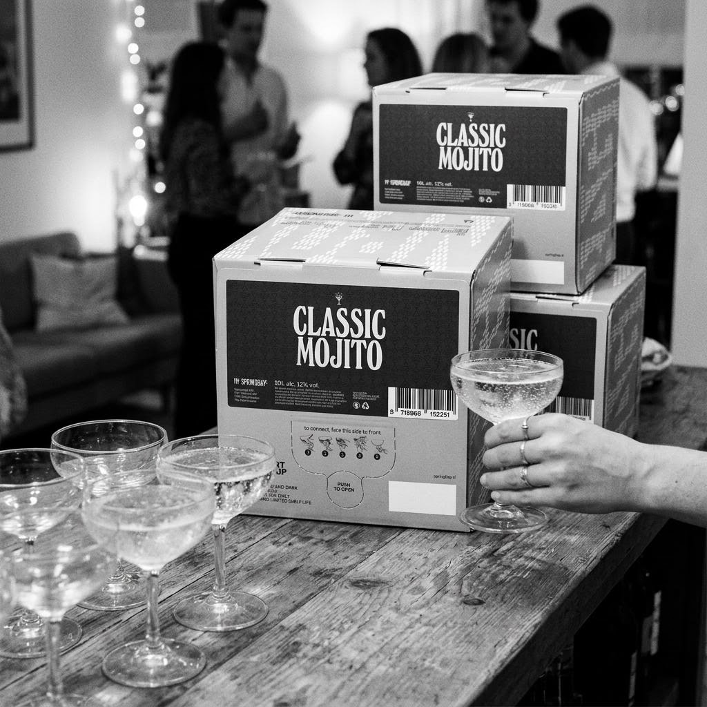 Drie Springbay Bag-in-Box dozen Classic Mojito op een houten bar, met een rij gevulde coupeglazen ervoor tijdens een huisfeest
