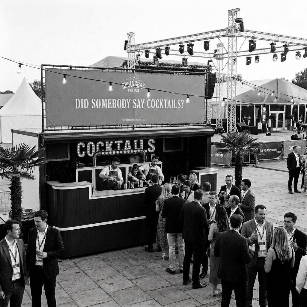 Cocktail Trailerbar van Springbay op een evenemententerrein met een lange rij gasten die hun cocktail getapt krijgen