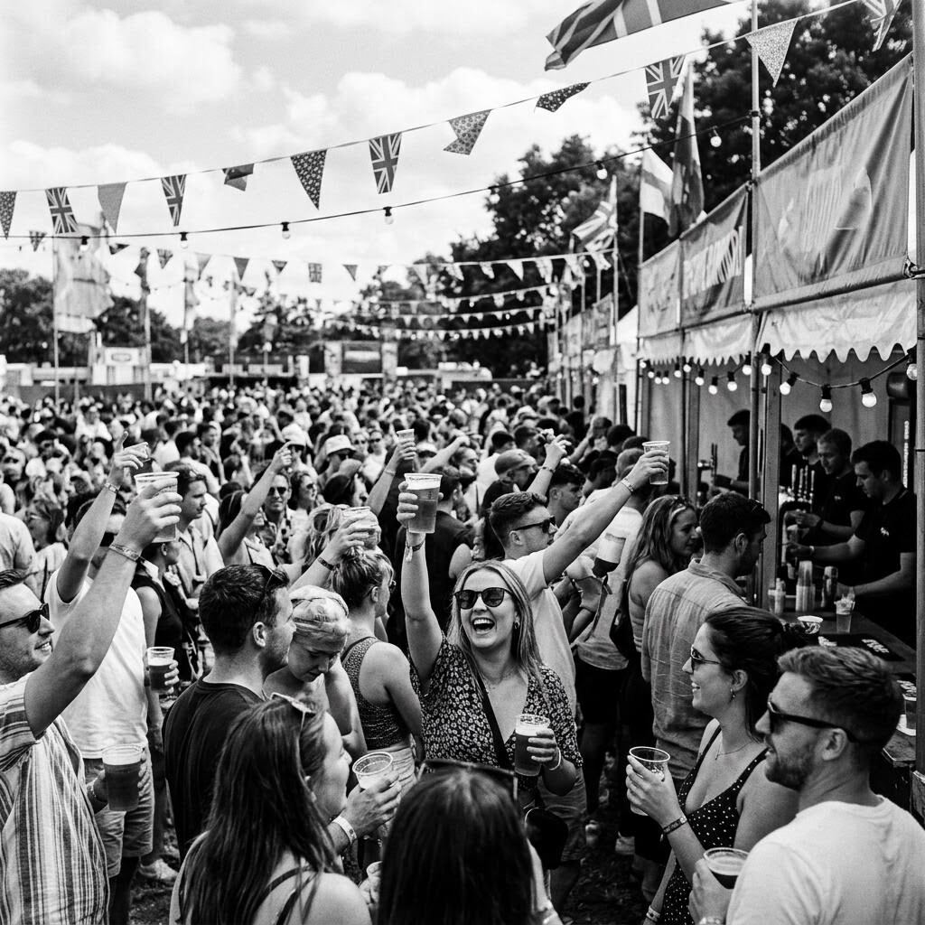 Festivalpubliek met drankjes in de hand voor de bars op het terrein