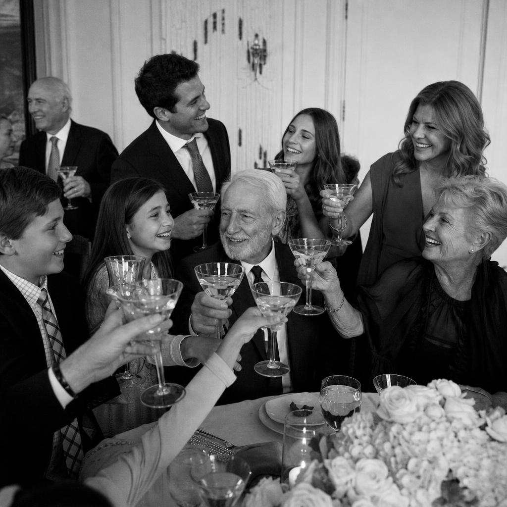 Meerdere generaties familie en vrienden proosten met cocktails bij een jubileumfeest in een elegante zaal