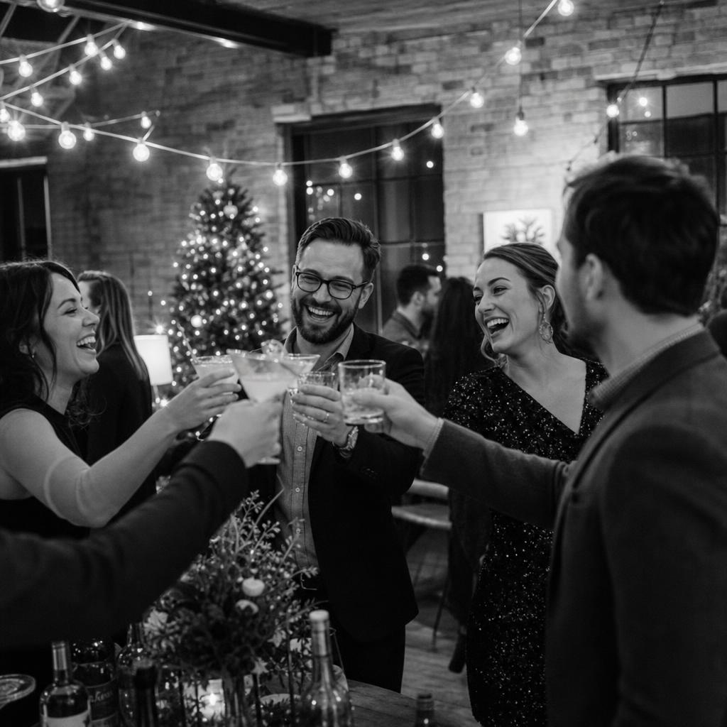 Collega’s proosten met cocktails op een gezellig kerstfeest met lichtslingers en een kerstboom in een warme loft