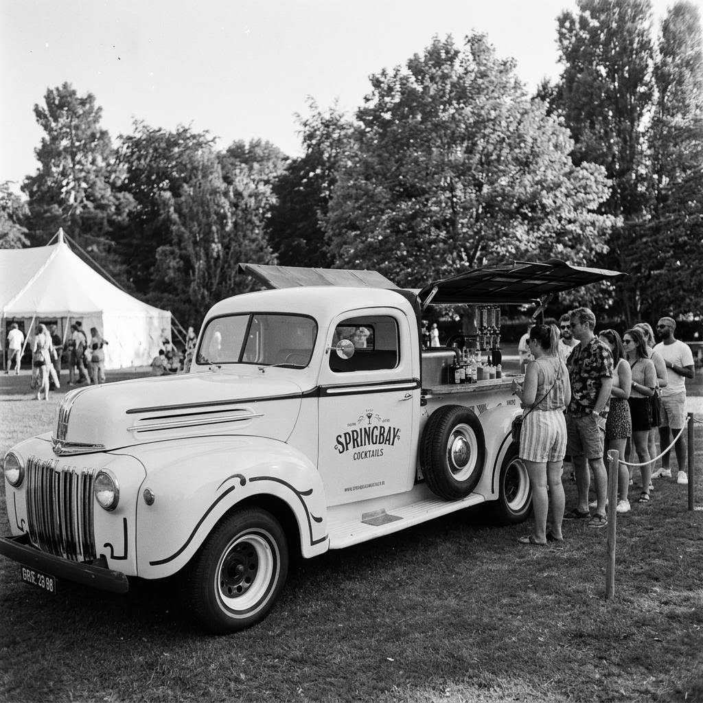Springbay Cocktail Truck geparkeerd op het gras van een zomerfestival met de bar open aan de zijkant en een rij gasten