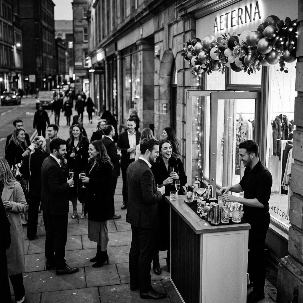 Gasten met cocktails bij een kleine bar op de stoep voor een winkelopening