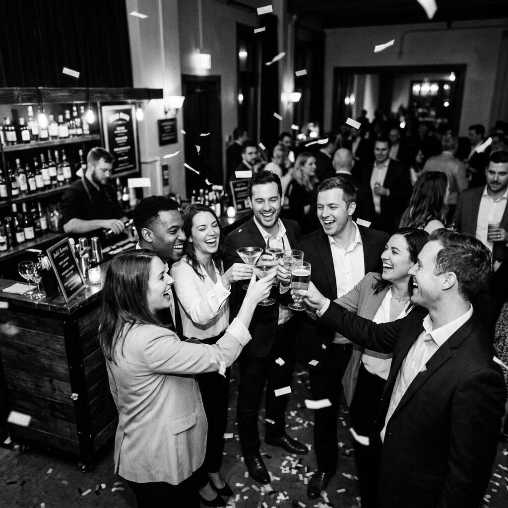 Team toost met cocktails terwijl confetti naar beneden dwarrelt