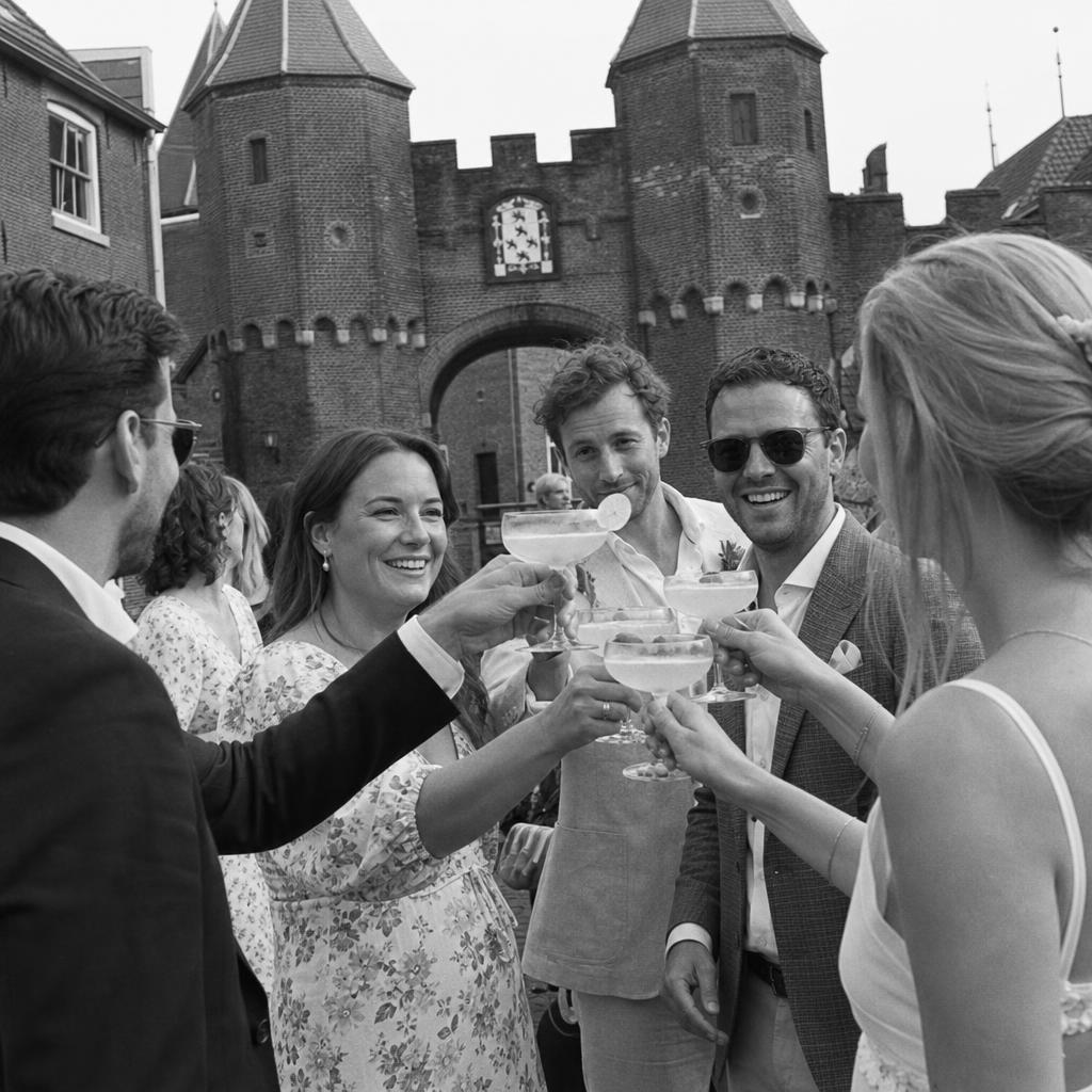 Receptie met cocktails bij de Koppelpoort in Amersfoort met de middeleeuwse stadspoort op de achtergrond