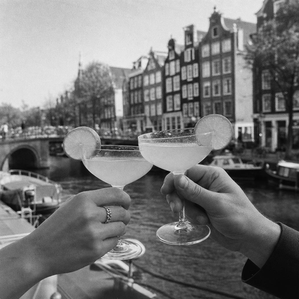 Twee coupeglazen met cocktail tikken tegen elkaar aan een Amsterdamse gracht, met een brug en grachtenpanden op de achtergrond