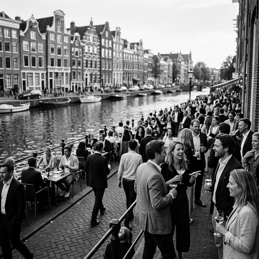 Borrel met cocktails langs een Amsterdamse gracht met grachtenpanden op de achtergrond