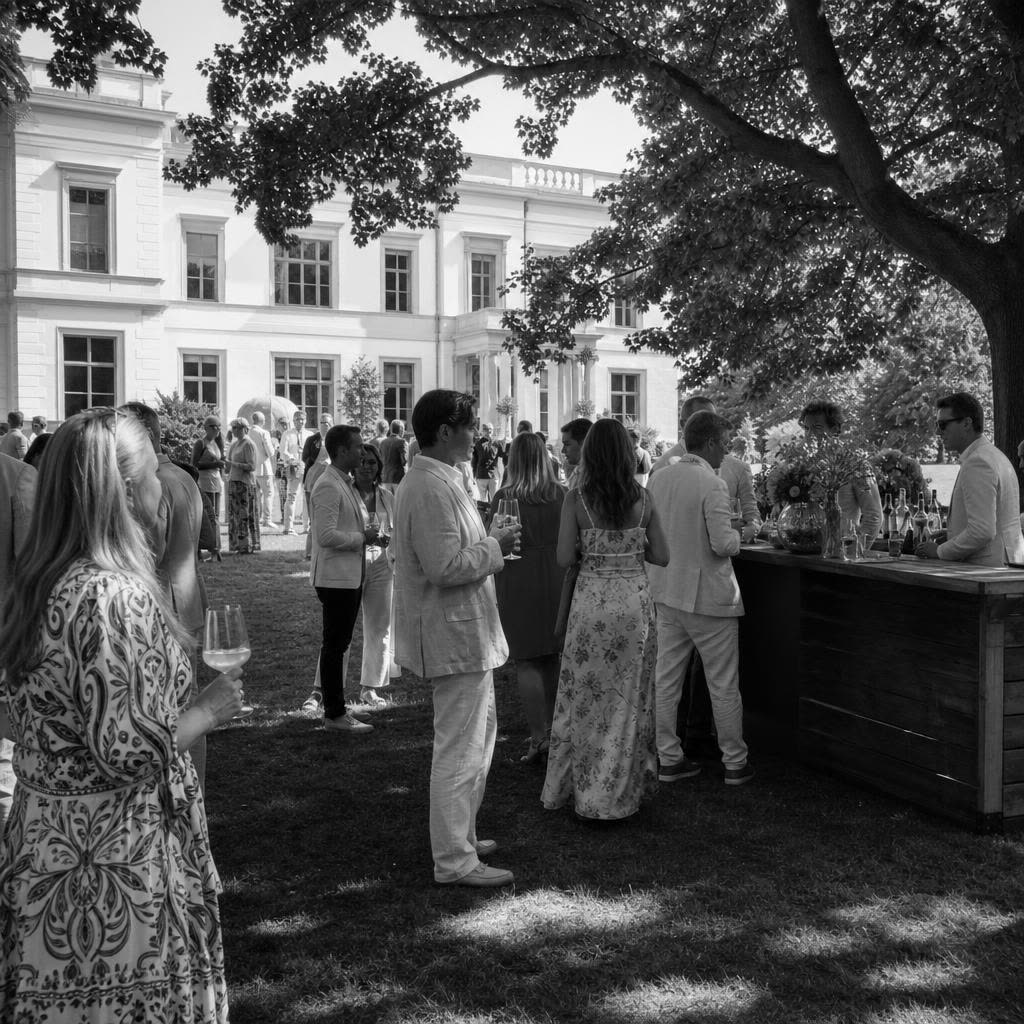 Tuinfeest met cocktails op het gazon voor de witte villa in Park Sonsbeek in Arnhem