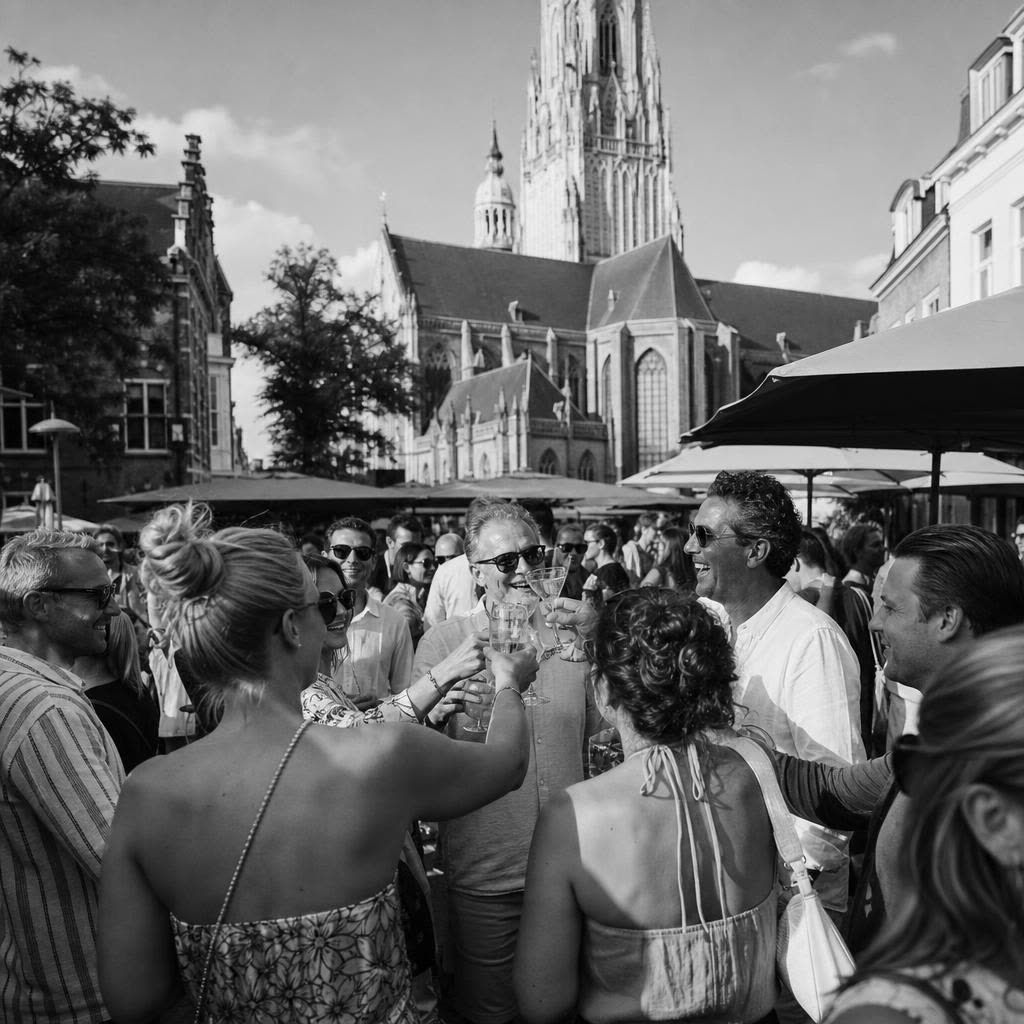 Zomers terrasfeest met cocktails op de Grote Markt in Breda met de toren van de Grote Kerk op de achtergrond