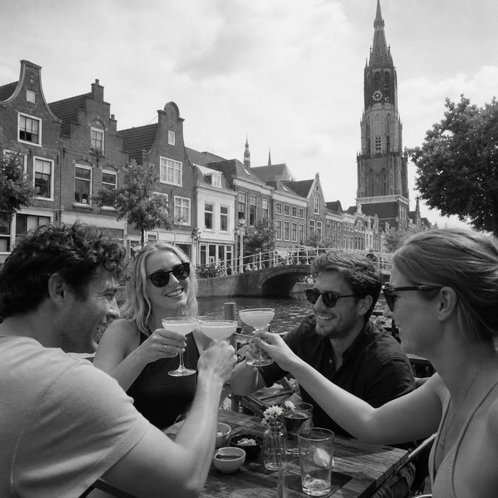 Borrel met cocktails aan een gracht in Delft met de toren van de Nieuwe Kerk op de achtergrond