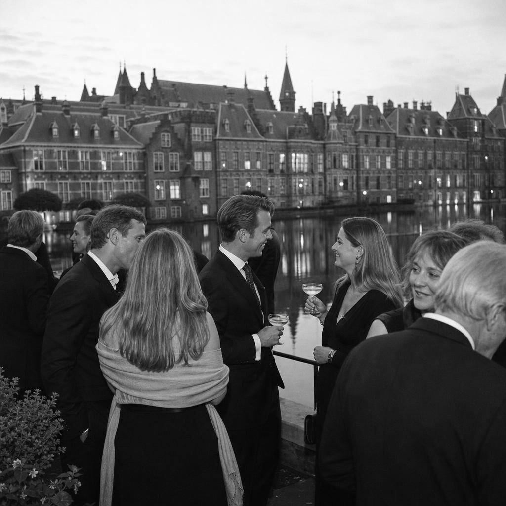 Receptie met cocktails bij de Hofvijver met het Binnenhof op de achtergrond
