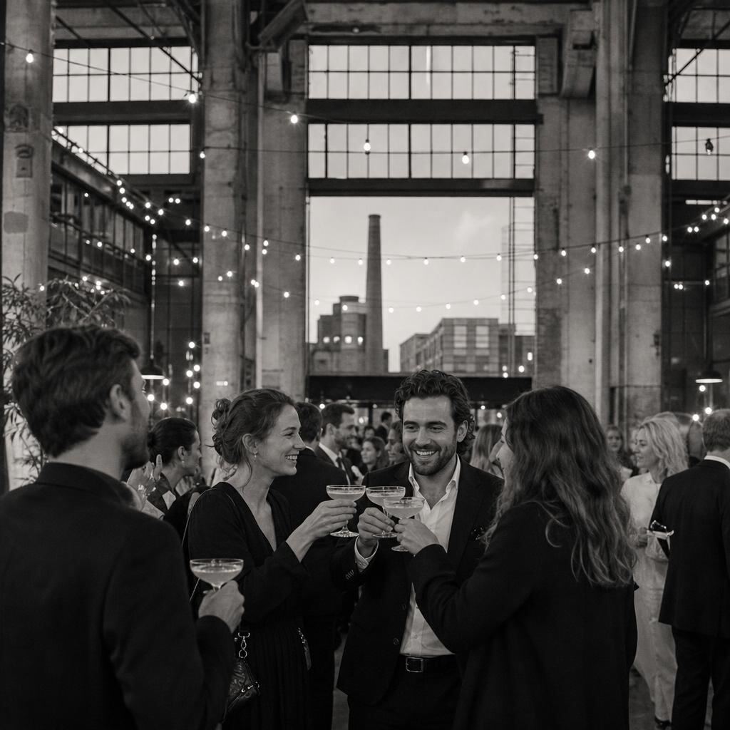 Feest met cocktails in een industriële fabriekshal met stalen kozijnen en lichtslingers