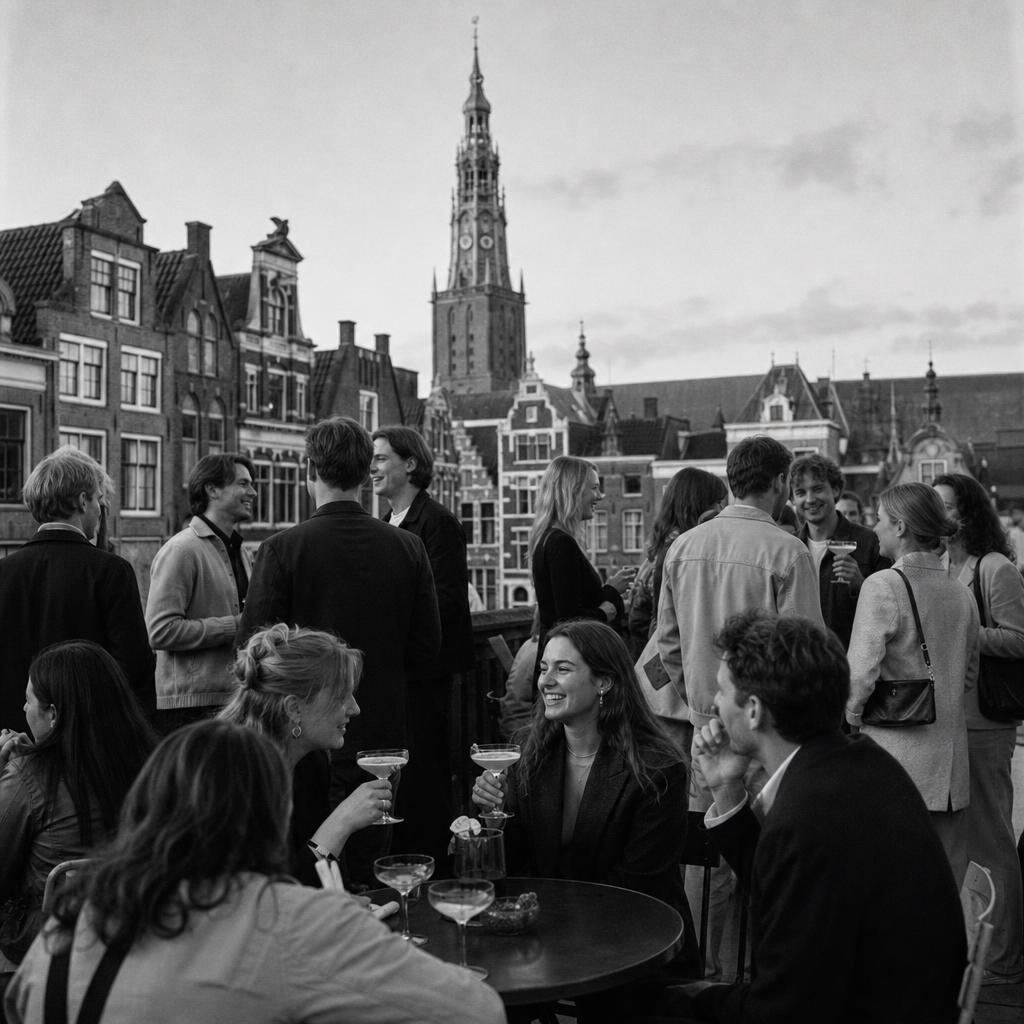 Terrasborrel met cocktails in de Groningse binnenstad met de Martinitoren op de achtergrond