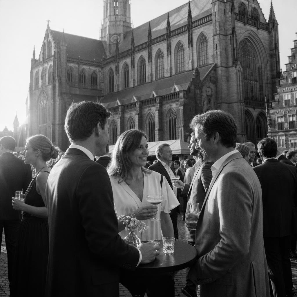 Receptie met cocktails op de Grote Markt in Haarlem met de Grote of Sint-Bavokerk op de achtergrond