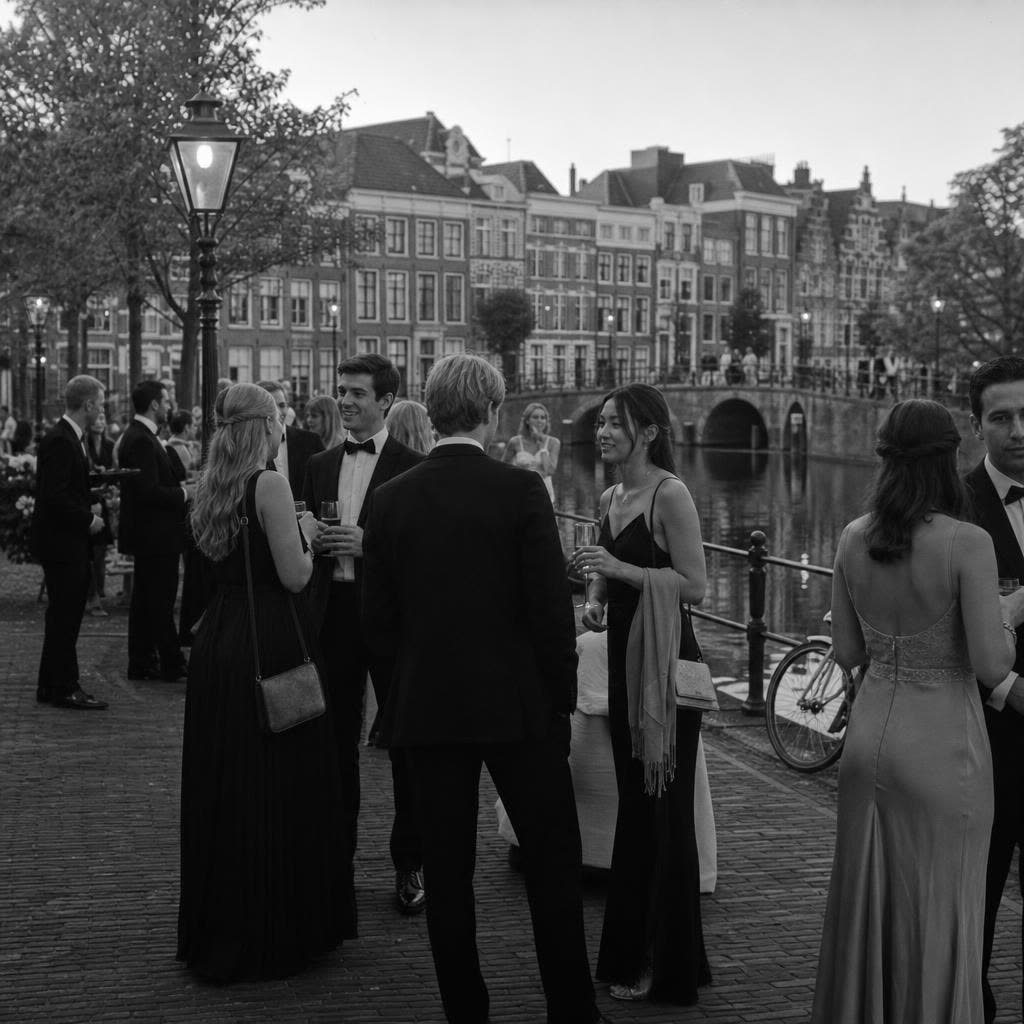 Galareceptie met cocktails langs het Rapenburg in Leiden met grachtenpanden en een stenen brug op de achtergrond