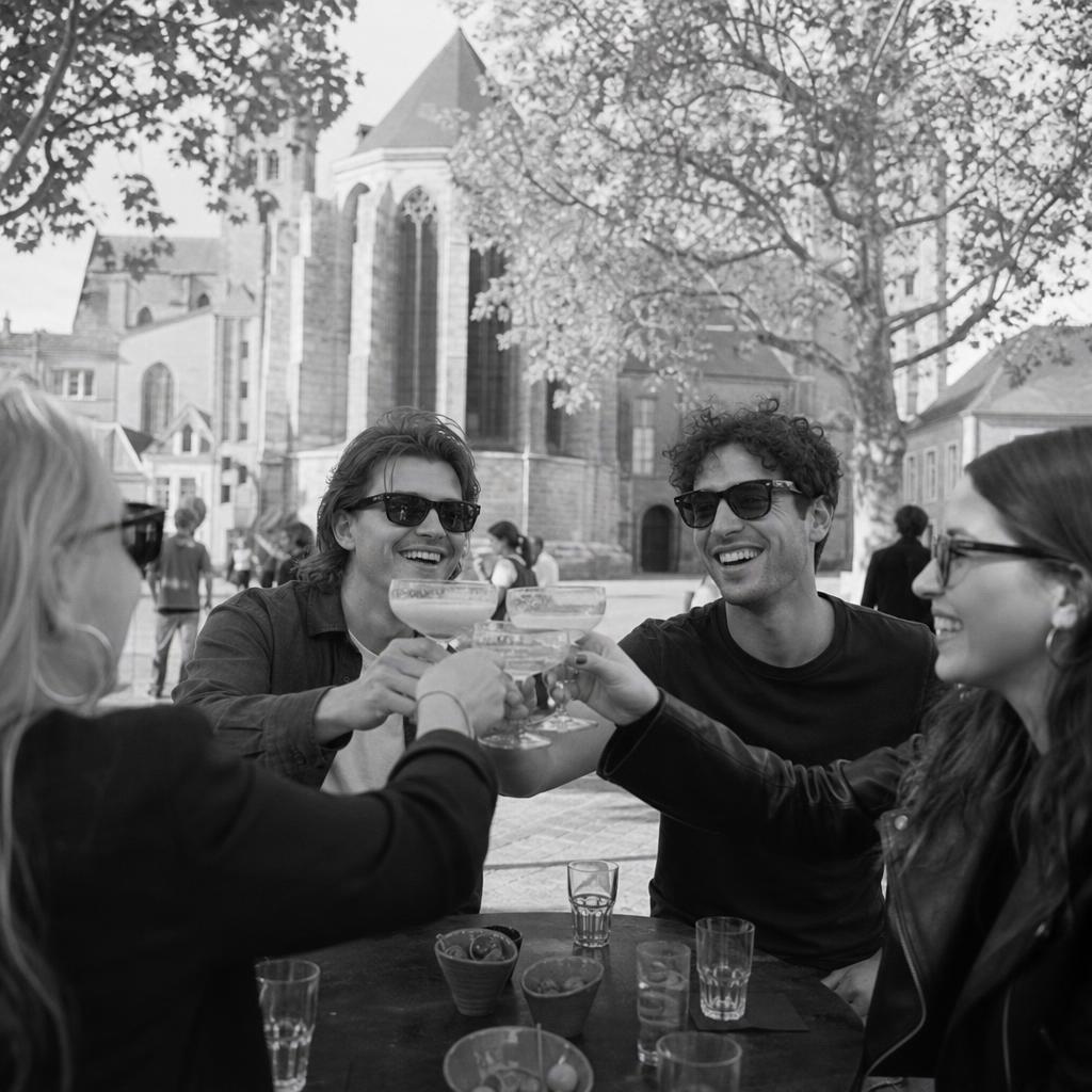 Buitenbar op een historisch plein in Maastricht met een kerkgevel en platanen