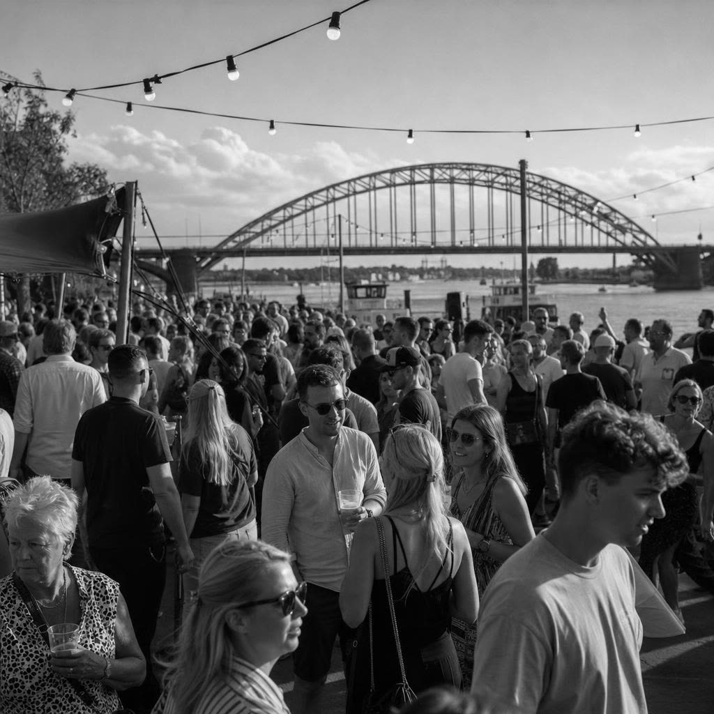 Feestend publiek met cocktails op de Waalkade in Nijmegen met de Waalbrug op de achtergrond