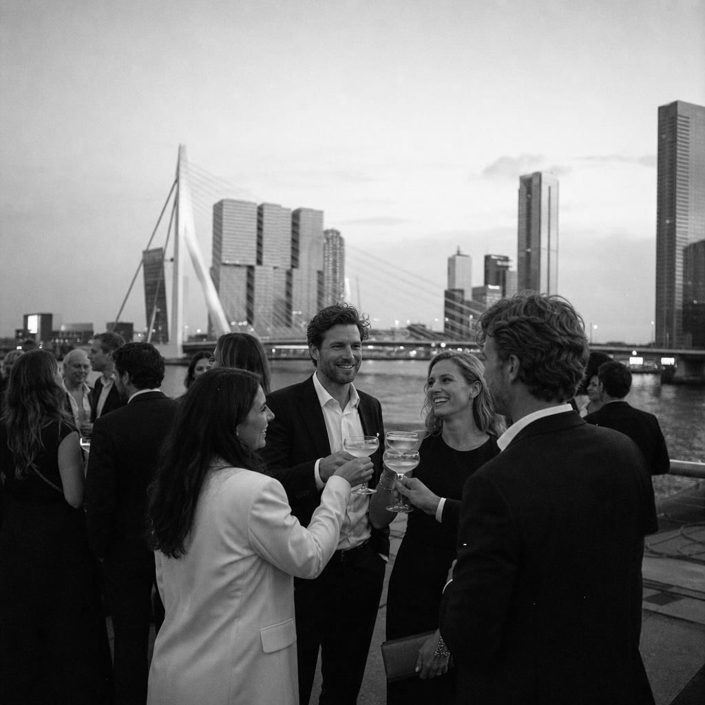 Borrel met cocktails aan de Maas met de Erasmusbrug en de Rotterdamse skyline op de achtergrond