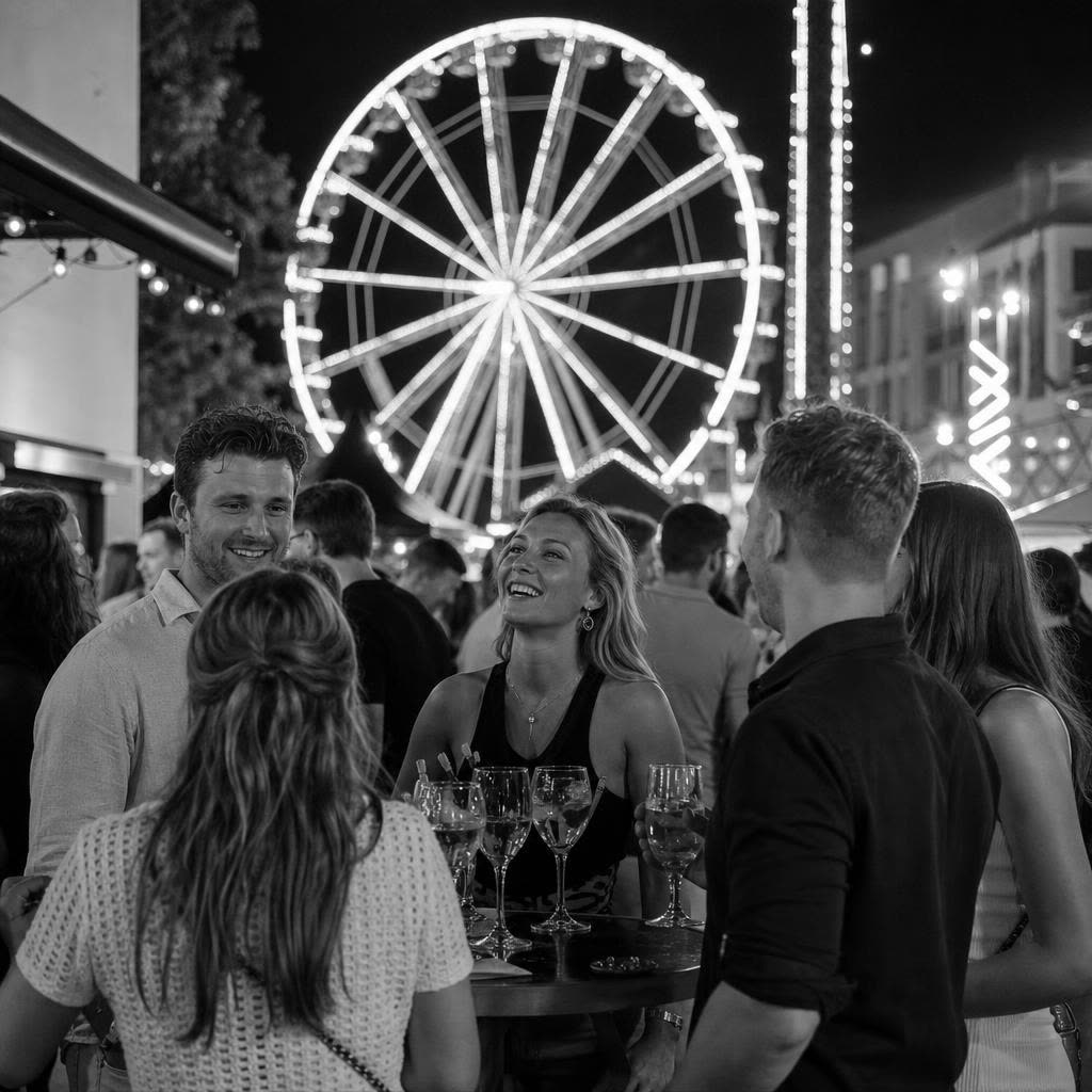 Vrienden met cocktails aan statafels op de Tilburgse kermis met een verlicht reuzenrad op de achtergrond