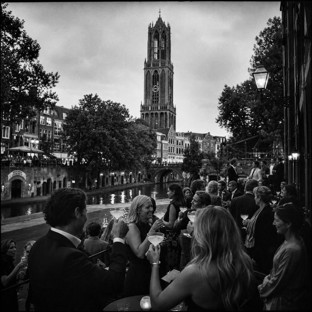 Borrel met cocktails op de werf van de Oudegracht met de Domtoren op de achtergrond