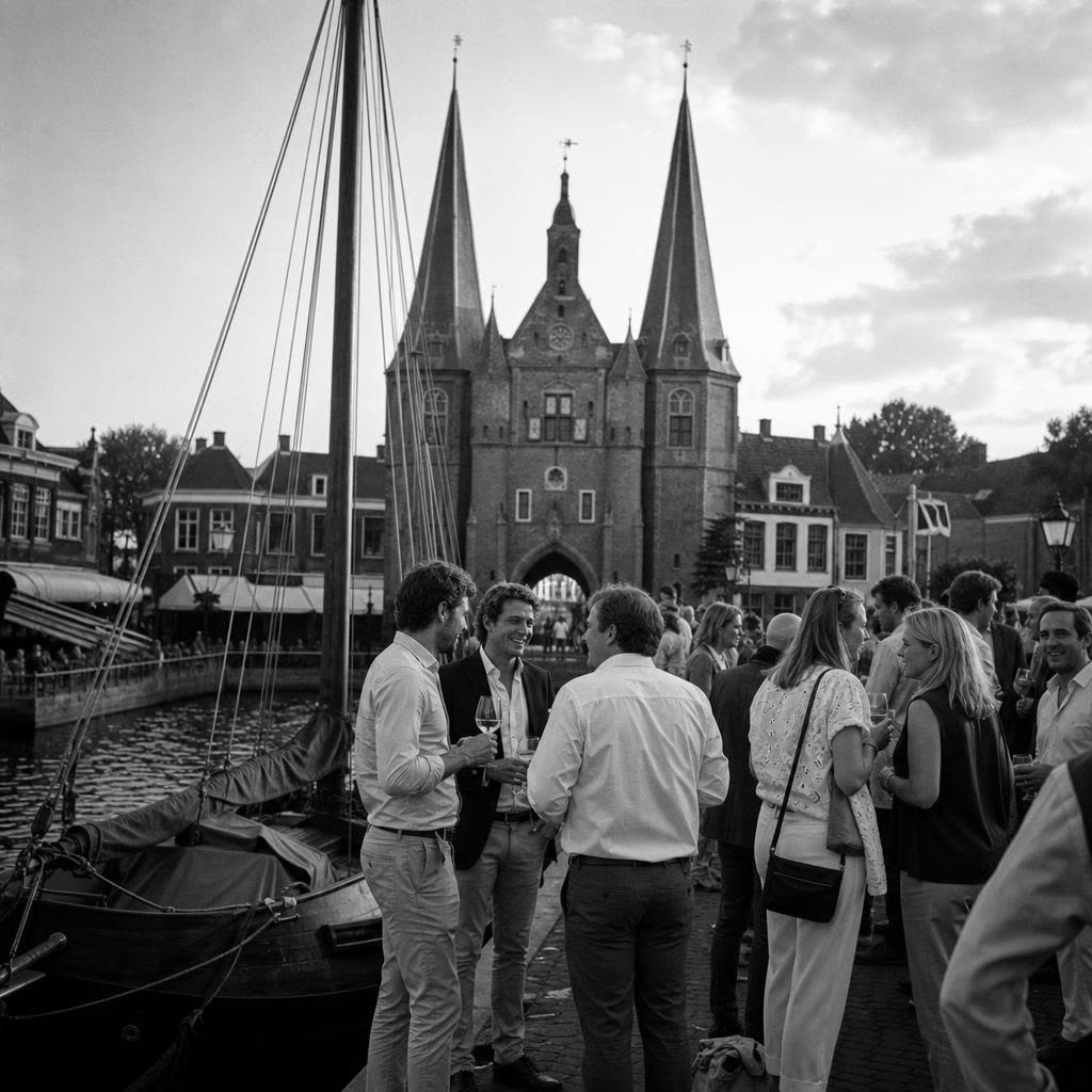 Borrel met cocktails aan de stadsgracht in Zwolle met de Sassenpoort op de achtergrond