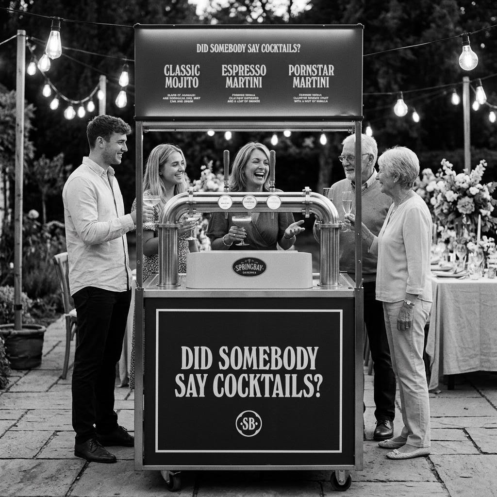 Mobiele Cocktail-3tap van Springbay op een tuinterras met lichtslingers, waar de jarige met haar kinderen en ouders toost op haar 50e verjaardag