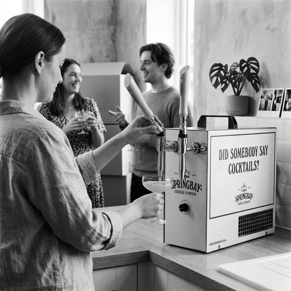 Cocktail-2Tap van Springbay op het aanrecht tijdens een housewarming: een vrouw vult een coupeglas onder een van de twee kranen terwijl vrienden achter haar praten