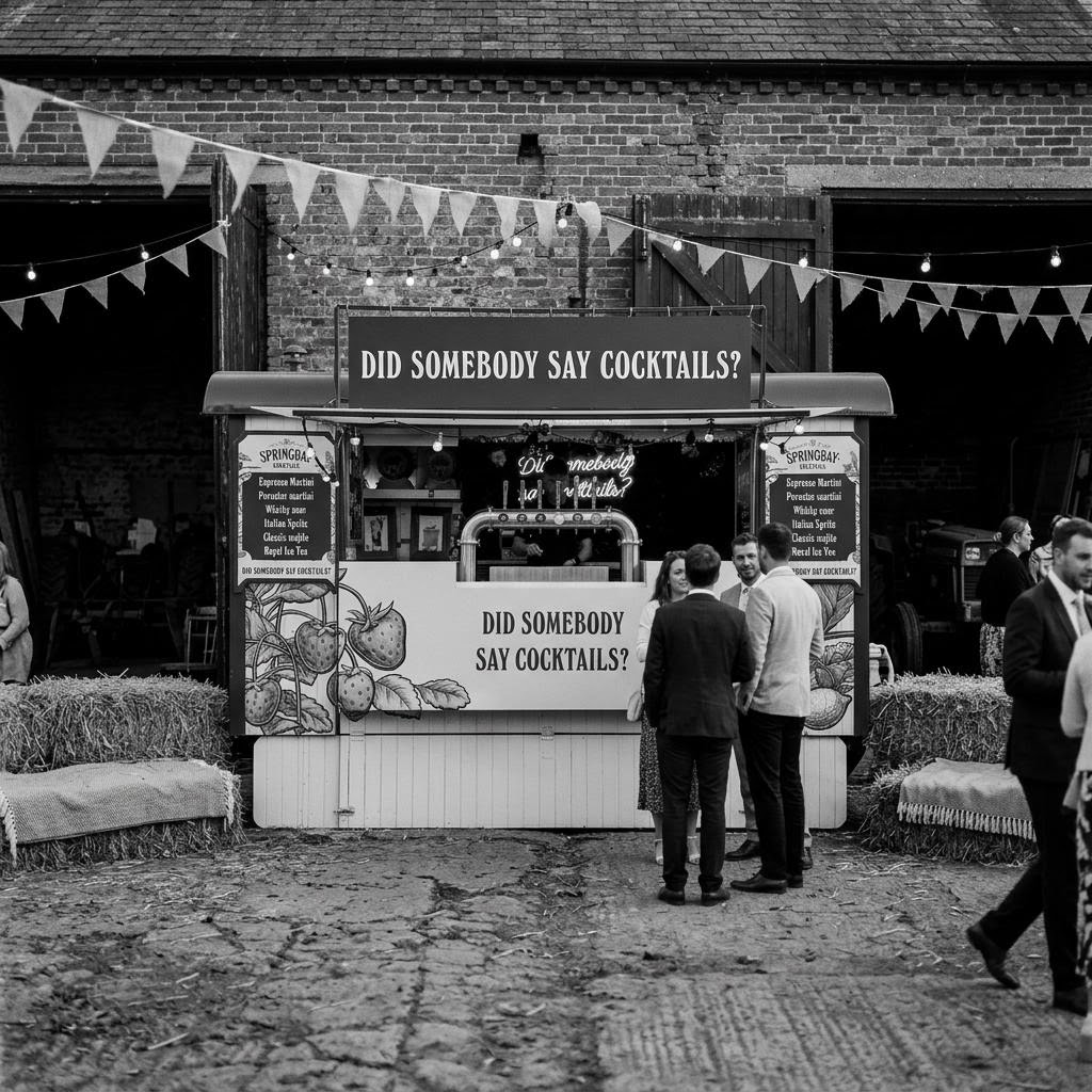 Cocktail Pipowagen van Springbay op een erf voor een oude bakstenen schuur, met vlaggetjes, strobalen en gasten aan de toog