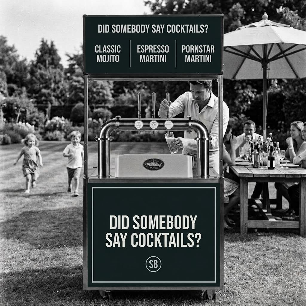 Mobiele Cocktail-3tap van Springbay op het gazon van een zomers tuinfeest: de gastheer tapt een cocktail, met een parasol, een lange tafel en rennende kinderen