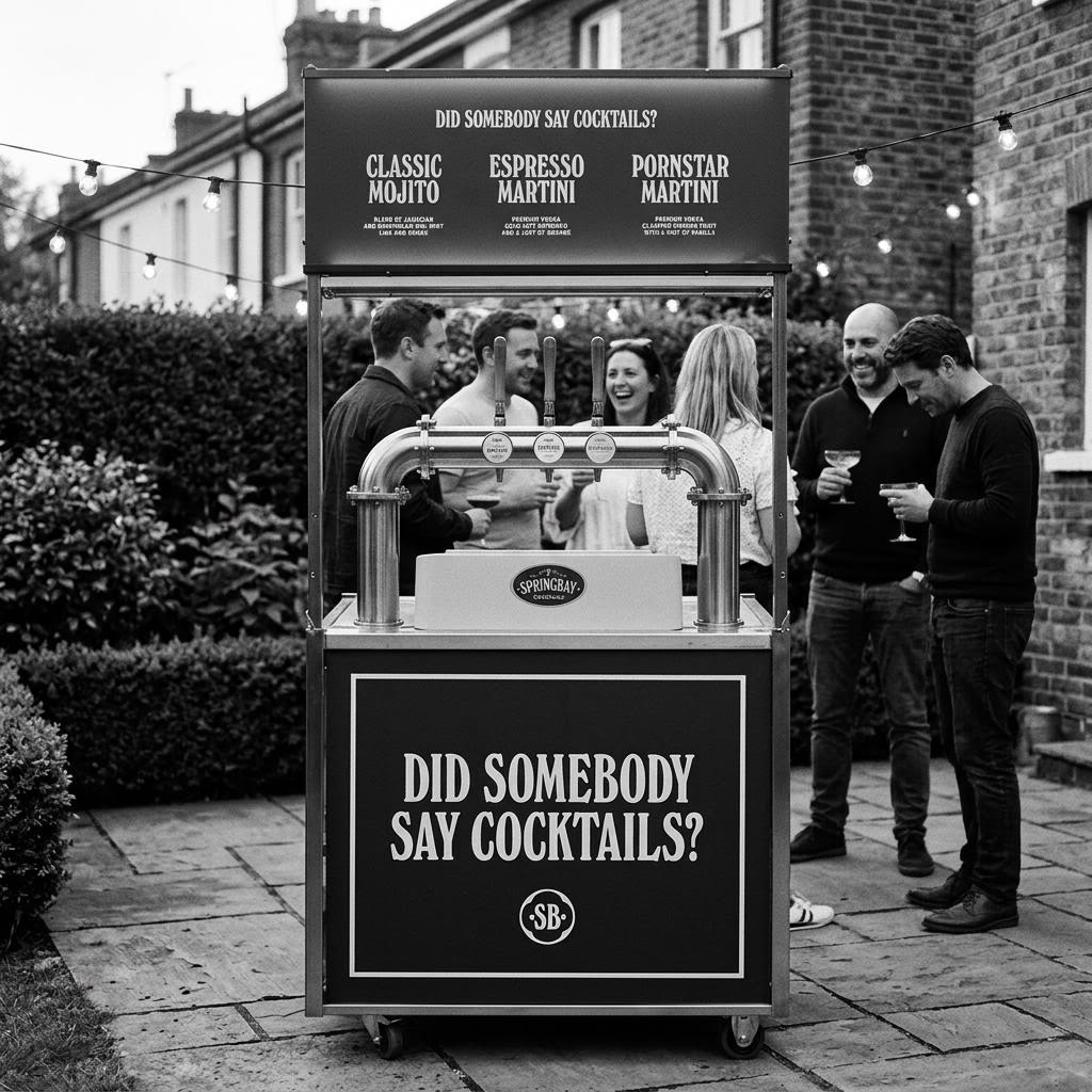 Mobiele Cocktail-3tap van Springbay op het terras van een stadstuin, met vrienden met cocktailglazen en lichtslingers boven de tuin