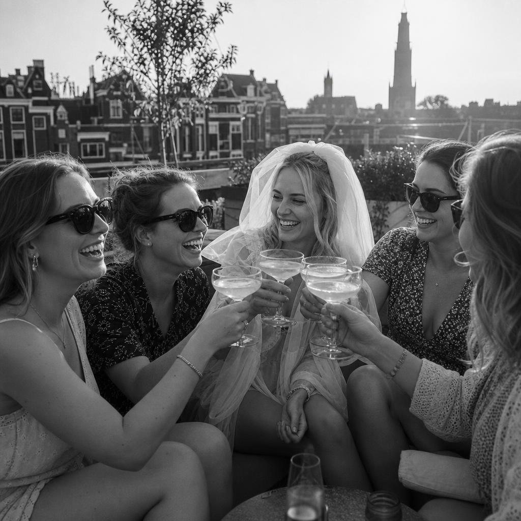 Kleine groep vriendinnen lacht en proost met cocktails op een dakterras in een Nederlandse stad bij avondlicht