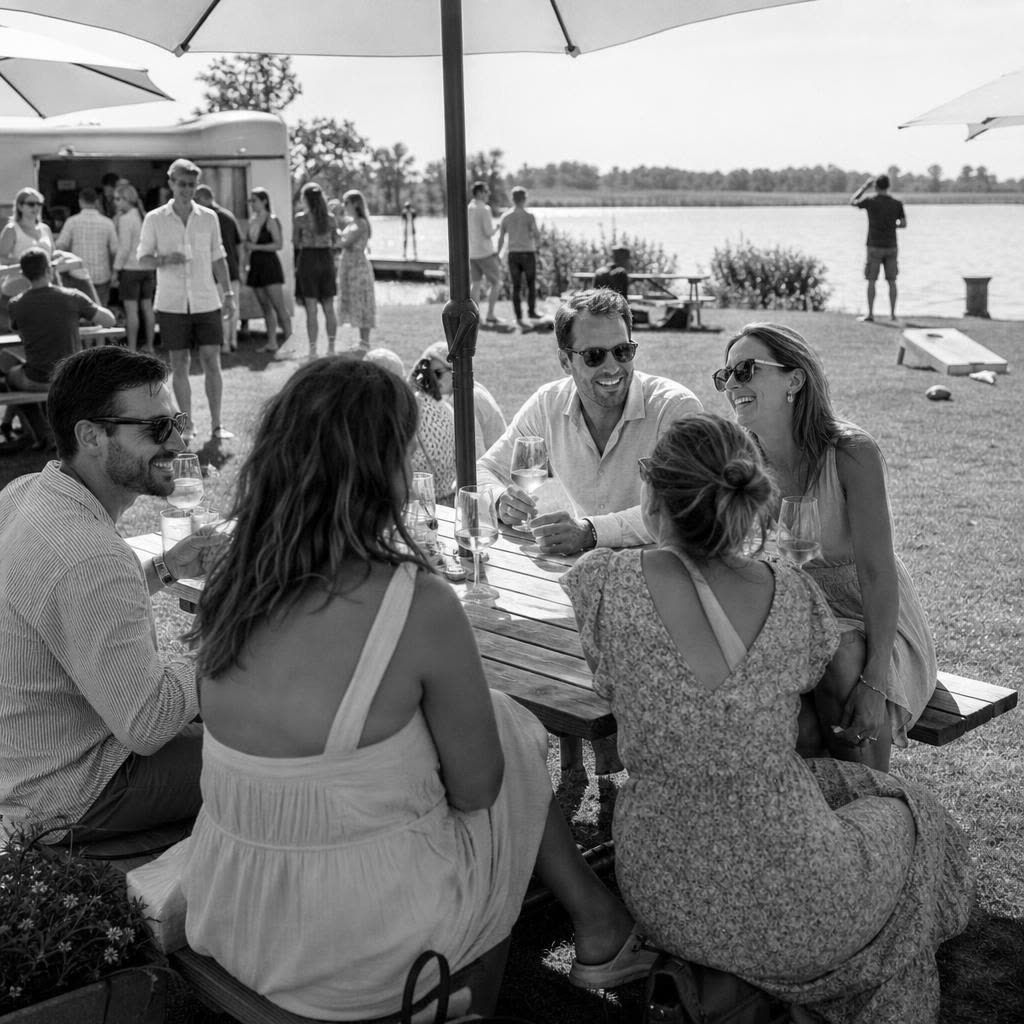 Collega’s met spritz en cocktails op een zonnig gazon aan het water